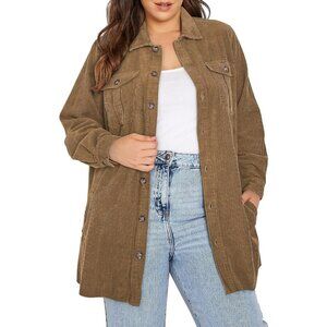 Womens Brown Plus Size Plaid Shacket Long Sleeve Button Down Casual Jacket
